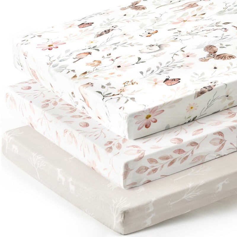 GRSSDER Stretchy Ultra Soft Jersey Knit Fitted Pack n Play Sheets 3 Pack, Portable/Mini Crib Sheets for Girls, Universal Fit for Pack N Plays Safe and Snug, Beautiful Blush Pink Floral and Cute Animals Print - Image 1